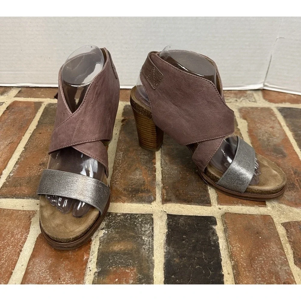Sofft Christine Stacked Heel Sandals Women's 9‎ Leather Brown Silver Strappy
